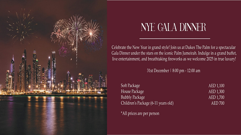 NYE Gala Dinner at Dukes The Palm in Dubai - New Years Eve Events - Image 2