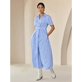 Cotton Striped Fold-over Collar Casual Shirt Maxi Dress