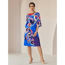 Loose Floral Printing Fall Crew Neck Daily Casual Knee Length Dress