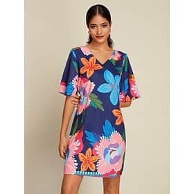 Satin Floral Print Vacation Half Sleeve V Neck Mini Dress