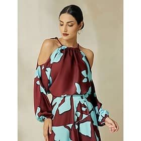 Satin Geometric Drawstring Cold Shoulder Halter Blouse