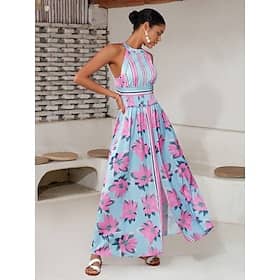 Satin Print Halter Neck Backless Maxi Dress