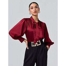 Satin Solid Lantern Sleeve Tie Front Blouse