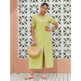 Women's Cotton Green Dress Solid Split Hem Crew Adjustable Sleeve Shift Midi Dress with Pocket