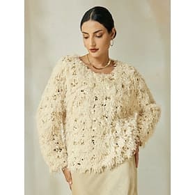 Apricot Sequin Feather Crew Neck Blouse