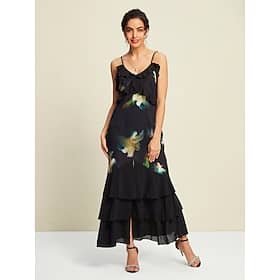 Chiffon Wedding Guest Floral Ruffle Hem Party Sleeveless Maxi Dress