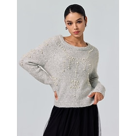 Pearl Beaded Crew Neck Pullover Sweater