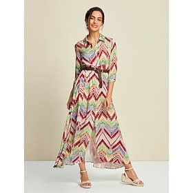 Satin Bohemia Geometric Split Sleeve Shirt Collar Maxi Dress