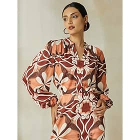 Satin Bohemia Split Neck Lantern Sleeve Blouse