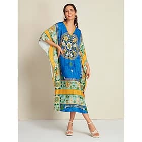 Satin Caftan Bandana Print Raglan Sleeve Midi Dress