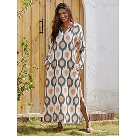 Satin Geometric Print Notch Lapel Maxi Shirt Dress