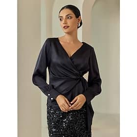 Satin Lantern Sleeve Black Elegant V Neck Blouse