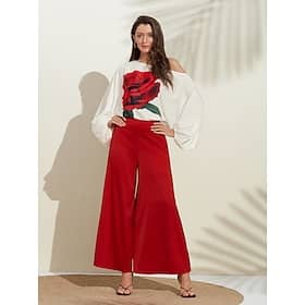 Satin Printed Puff Sleeve Cold Shoulder Culottes Set